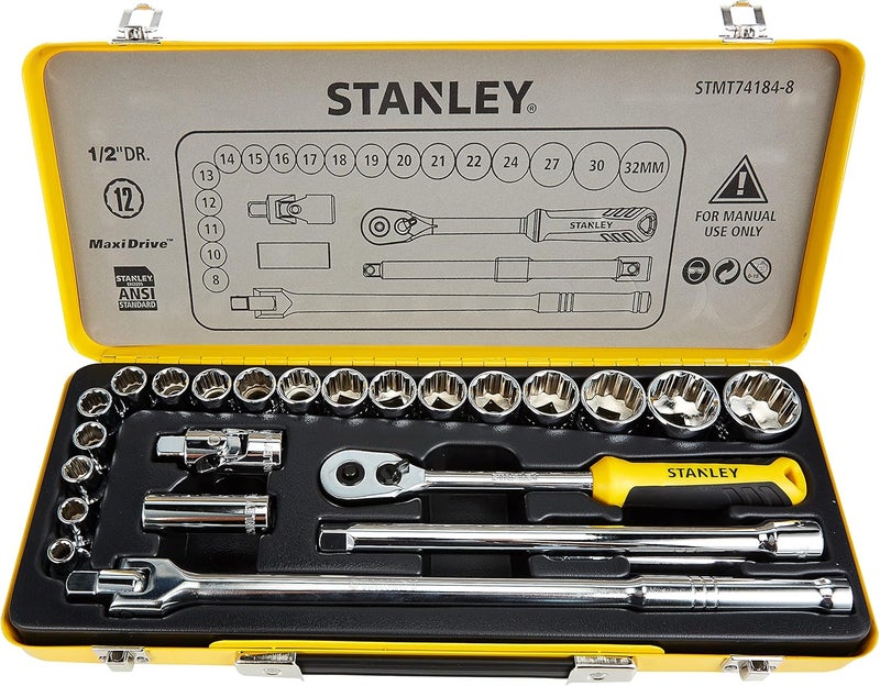 Stanley 1/2 inch Socket Set In Metal Tin 24 Pieces, Stmt74184-8, H17.8 x W43 x D5.2 cm - Image 2